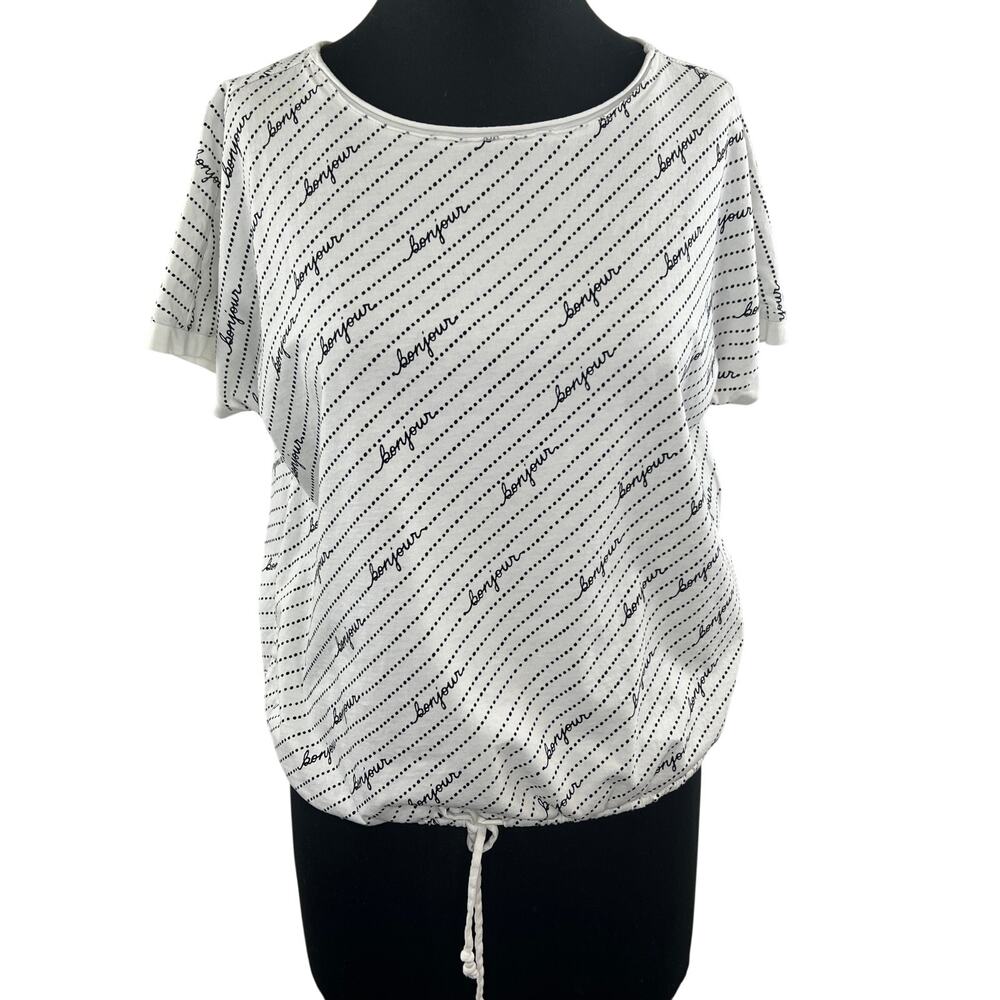 Anthropologie Maeve White Bonjour Graphic Tee Paris French Stripe Elastic Hem XS